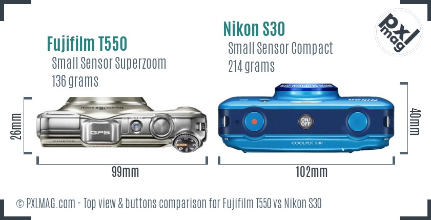 Fujifilm T550 vs Nikon S30 top view buttons comparison