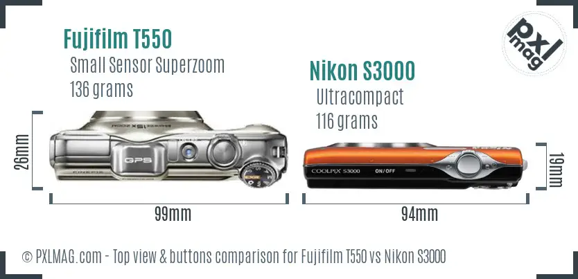 Fujifilm T550 vs Nikon S3000 top view buttons comparison Fujifilm T550 vs Nikon S3000 top view buttons comparison