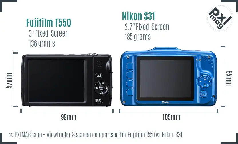 Fujifilm T550 vs Nikon S31 Screen and Viewfinder comparison