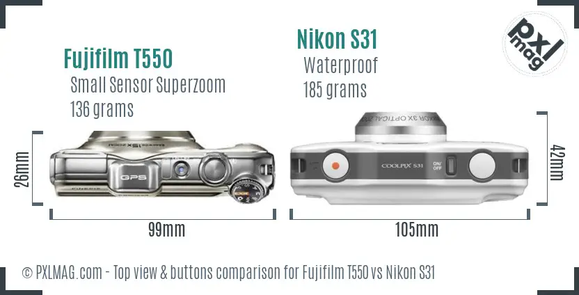 Fujifilm T550 vs Nikon S31 top view buttons comparison