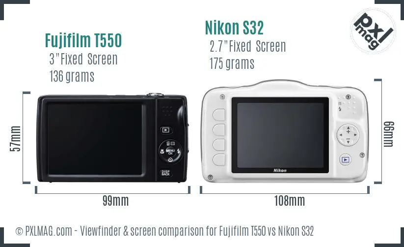 Fujifilm T550 vs Nikon S32 Screen and Viewfinder comparison