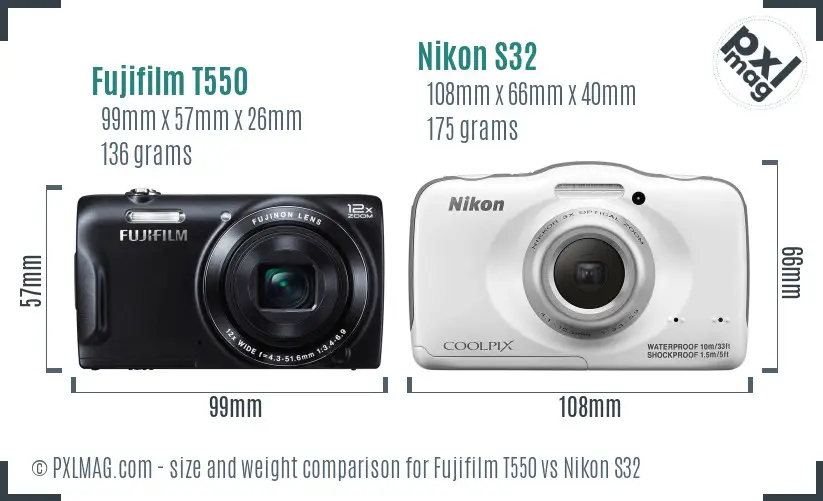 Fujifilm T550 vs Nikon S32 size comparison