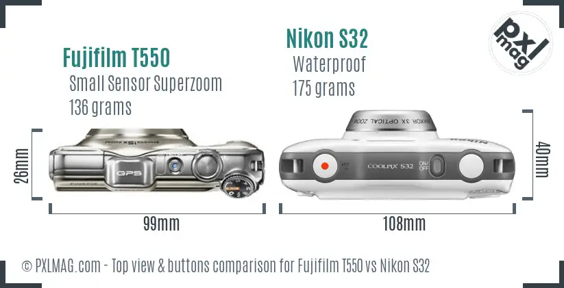 Fujifilm T550 vs Nikon S32 top view buttons comparison