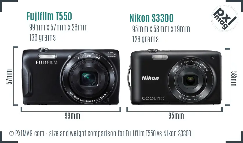 Fujifilm T550 vs Nikon S3300 size comparison