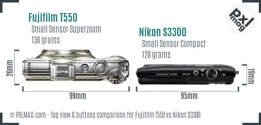 Fujifilm T550 vs Nikon S3300 top view buttons comparison