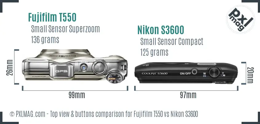 Fujifilm T550 vs Nikon S3600 top view buttons comparison