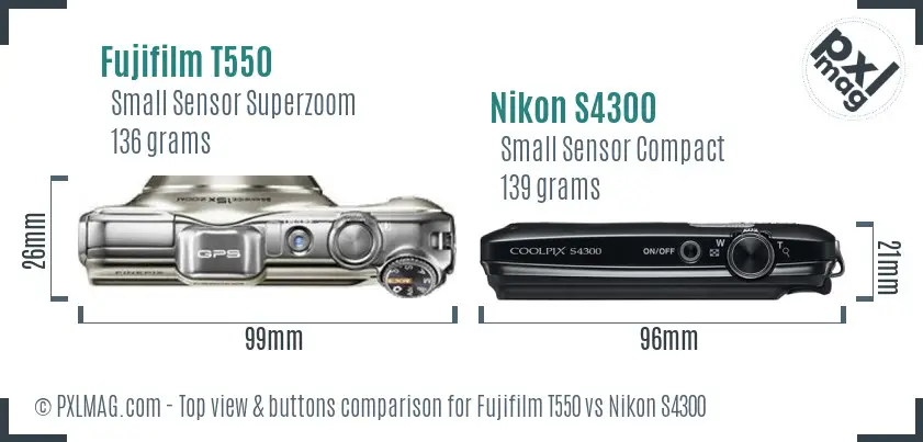 Fujifilm T550 vs Nikon S4300 top view buttons comparison