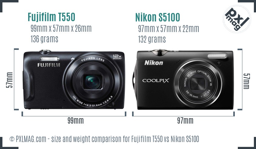 Fujifilm T550 vs Nikon S5100 size comparison
