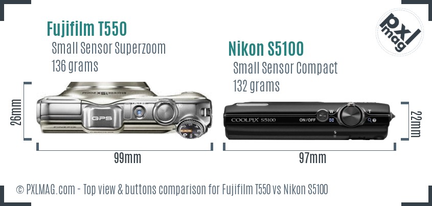 Fujifilm T550 vs Nikon S5100 top view buttons comparison