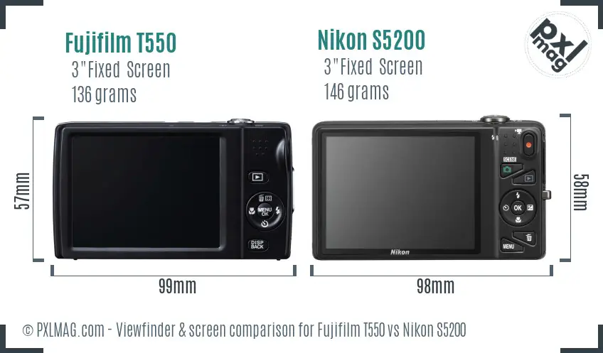 Fujifilm T550 vs Nikon S5200 Screen and Viewfinder comparison