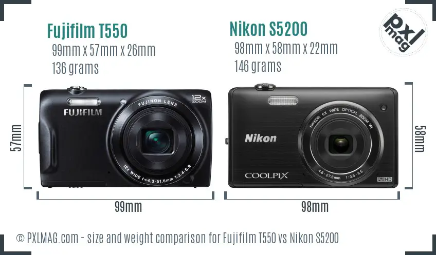 Fujifilm T550 vs Nikon S5200 size comparison