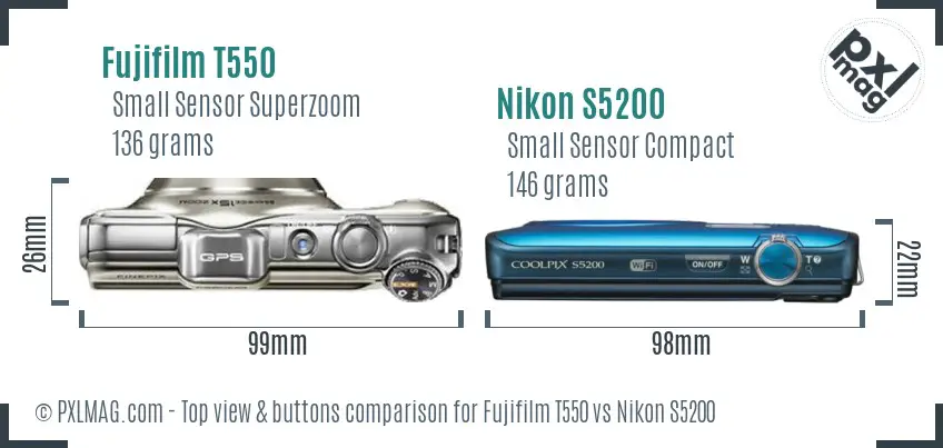 Fujifilm T550 vs Nikon S5200 top view buttons comparison
