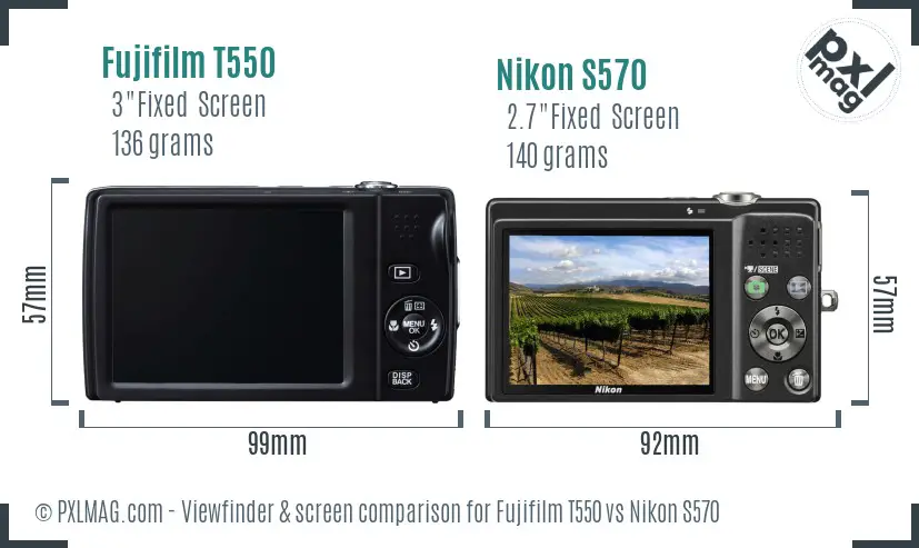 Fujifilm T550 vs Nikon S570 Screen and Viewfinder comparison