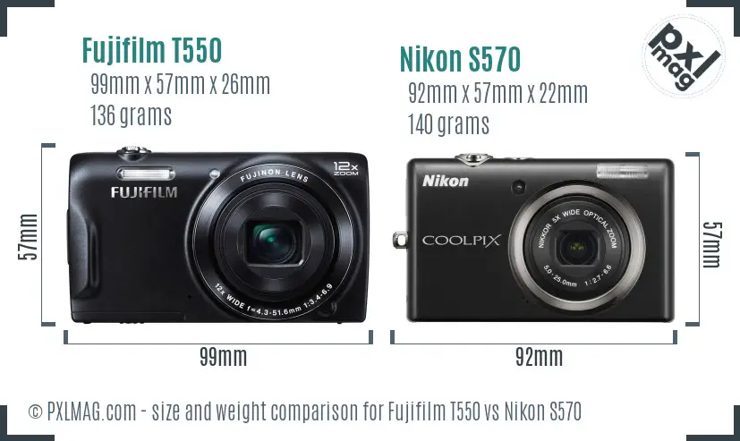 Fujifilm T550 vs Nikon S570 size comparison