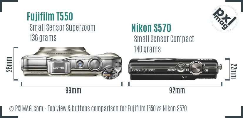 Fujifilm T550 vs Nikon S570 top view buttons comparison