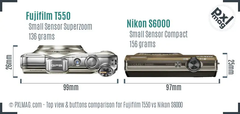 Fujifilm T550 vs Nikon S6000 top view buttons comparison