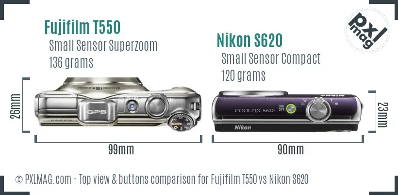 Fujifilm T550 vs Nikon S620 top view buttons comparison