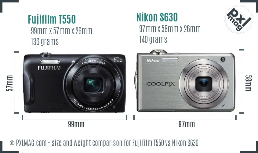 Fujifilm T550 vs Nikon S630 size comparison