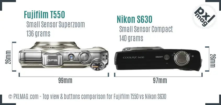 Fujifilm T550 vs Nikon S630 top view buttons comparison