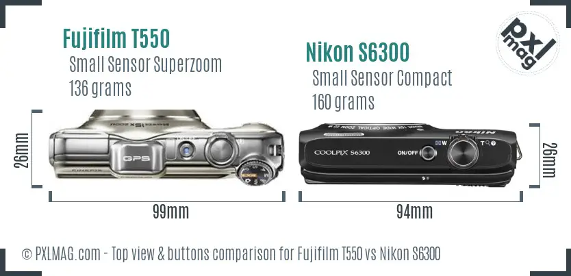 Fujifilm T550 vs Nikon S6300 top view buttons comparison Fujifilm T550 vs Nikon S6300 top view buttons comparison