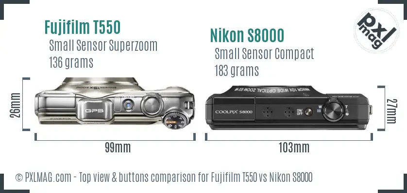 Fujifilm T550 vs Nikon S8000 top view buttons comparison Fujifilm T550 vs Nikon S8000 top view buttons comparison