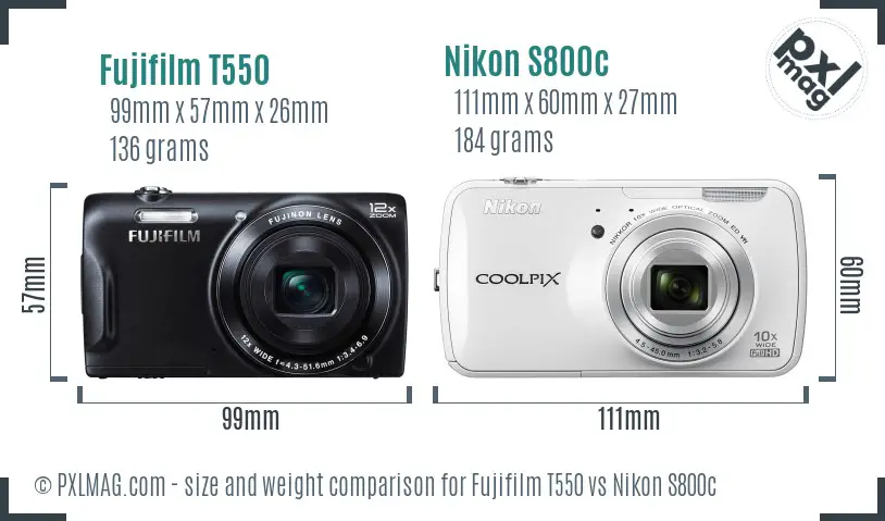 Fujifilm T550 vs Nikon S800c size comparison