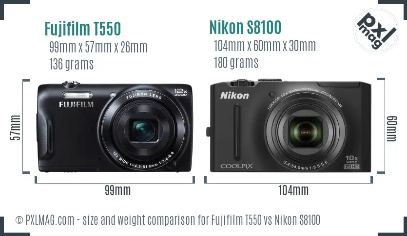 Fujifilm T550 vs Nikon S8100 size comparison