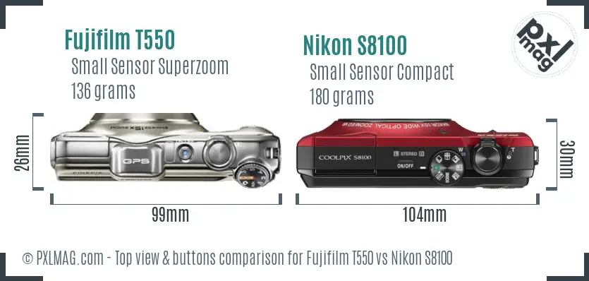 Fujifilm T550 vs Nikon S8100 top view buttons comparison