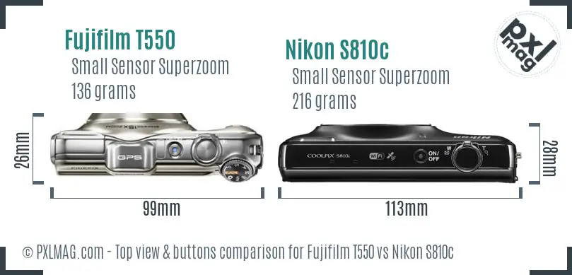 Fujifilm T550 vs Nikon S810c top view buttons comparison