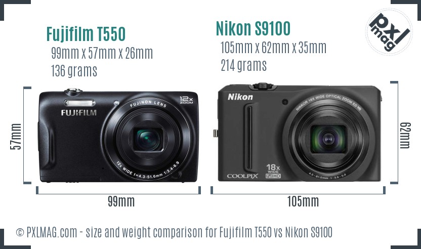 Fujifilm T550 vs Nikon S9100 size comparison