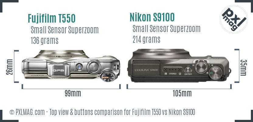 Fujifilm T550 vs Nikon S9100 top view buttons comparison