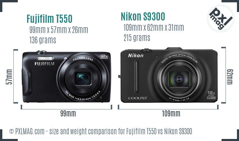 Fujifilm T550 vs Nikon S9300 size comparison