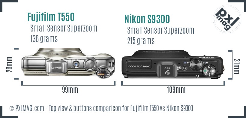 Fujifilm T550 vs Nikon S9300 top view buttons comparison