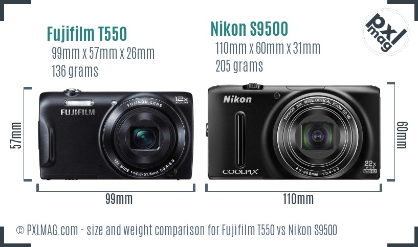 Fujifilm T550 vs Nikon S9500 size comparison