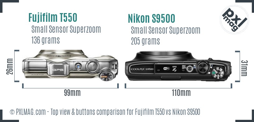 Fujifilm T550 vs Nikon S9500 top view buttons comparison