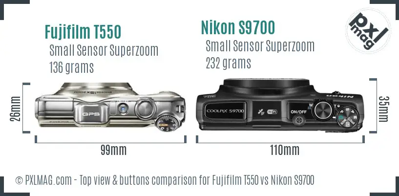 Fujifilm T550 vs Nikon S9700 top view buttons comparison Fujifilm T550 vs Nikon S9700 top view buttons comparison