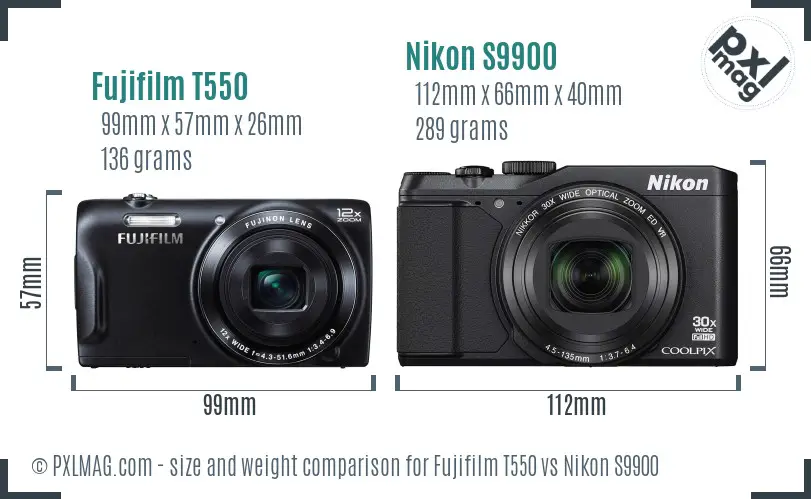 Fujifilm T550 vs Nikon S9900 size comparison