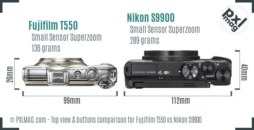 Fujifilm T550 vs Nikon S9900 top view buttons comparison