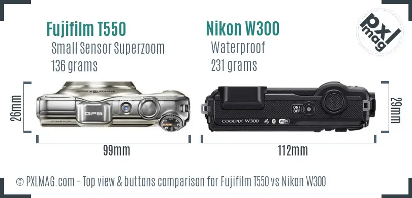 Fujifilm T550 vs Nikon W300 top view buttons comparison Fujifilm T550 vs Nikon W300 top view buttons comparison