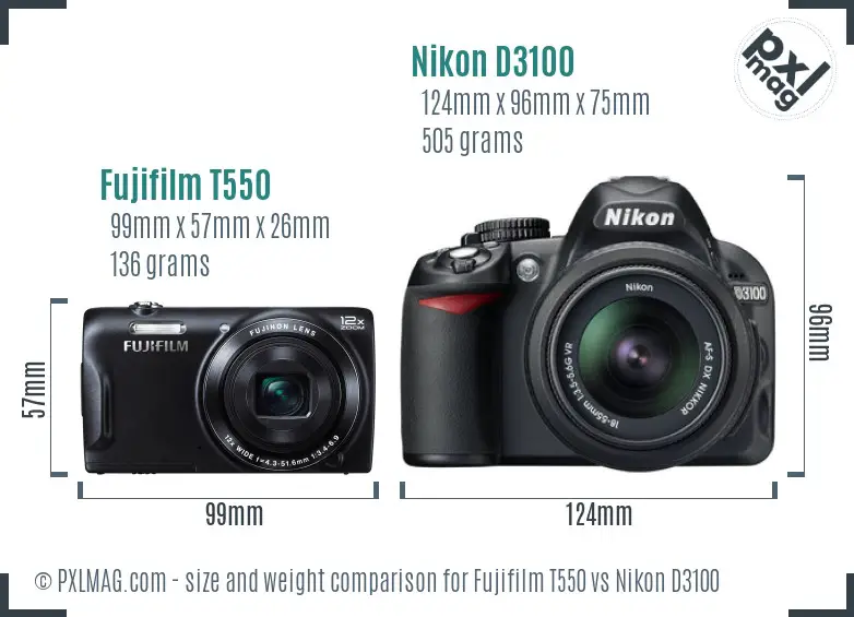 Fujifilm T550 vs Nikon D3100 size comparison