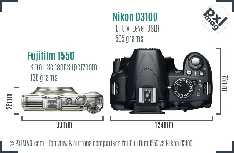 Fujifilm T550 vs Nikon D3100 top view buttons comparison