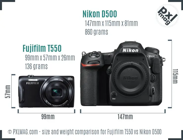 Fujifilm T550 vs Nikon D500 size comparison