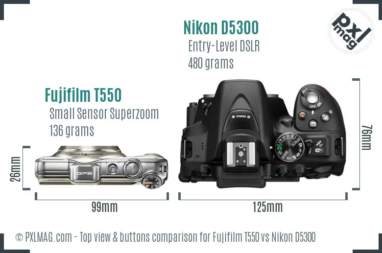 Fujifilm T550 vs Nikon D5300 top view buttons comparison