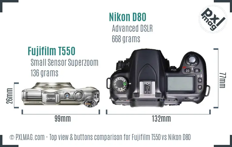 Fujifilm T550 vs Nikon D80 top view buttons comparison Fujifilm T550 vs Nikon D80 top view buttons comparison