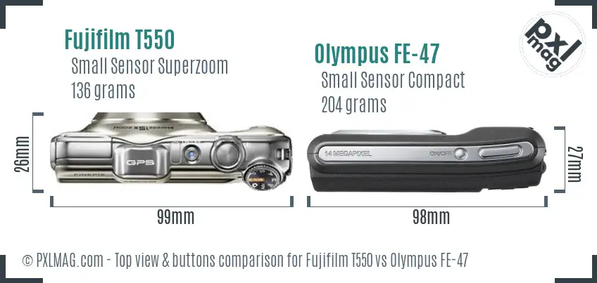 Fujifilm T550 vs Olympus FE-47 top view buttons comparison Fujifilm T550 vs Olympus FE-47 top view buttons comparison