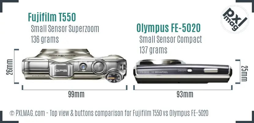 Fujifilm T550 vs Olympus FE-5020 top view buttons comparison