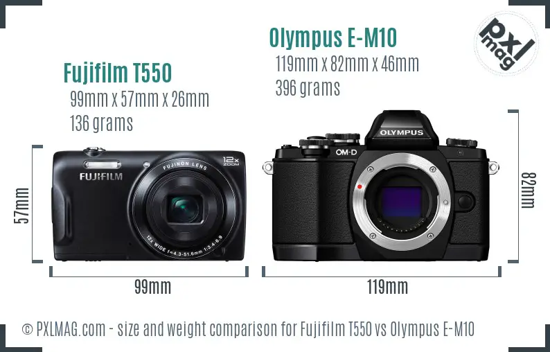 Fujifilm T550 vs Olympus E-M10 size comparison Fujifilm T550 vs Olympus E-M10 size comparison