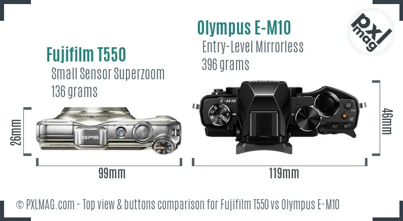 Fujifilm T550 vs Olympus E-M10 top view buttons comparison Fujifilm T550 vs Olympus E-M10 top view buttons comparison