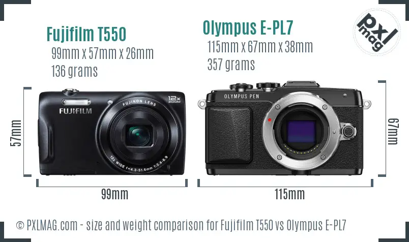 Fujifilm T550 vs Olympus E-PL7 size comparison