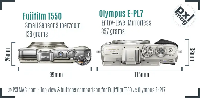 Fujifilm T550 vs Olympus E-PL7 top view buttons comparison